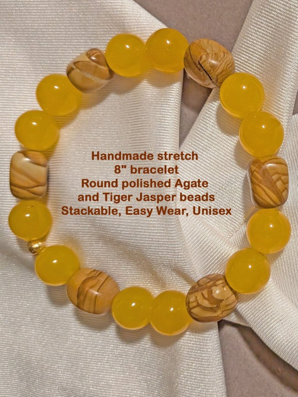 Handmade stretch 8" bracelet, Round polished Agate & Tiger Jasper beads, Unisex